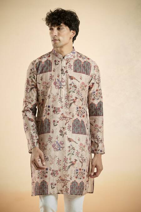 Buy_Arihant Rai Sinha_Brown Jacquard Floral Bird Pattern Kurta_Online_at_Aza_Fashions