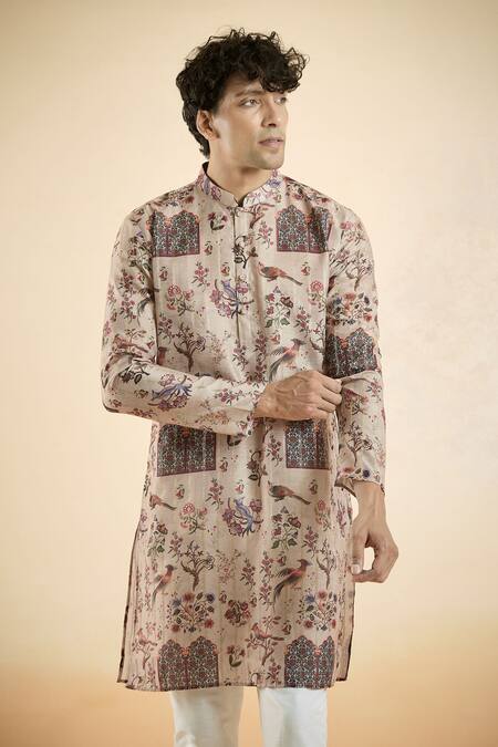 Shop_Arihant Rai Sinha_Brown Jacquard Floral Bird Pattern Kurta_Online_at_Aza_Fashions