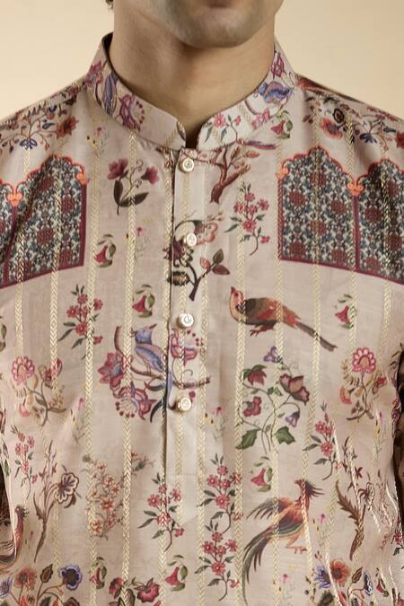 Arihant Rai Sinha_Brown Jacquard Floral Bird Pattern Kurta_at_Aza_Fashions