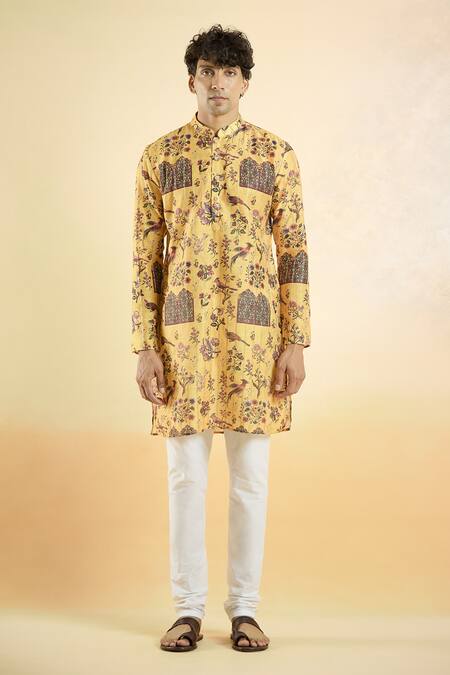 Arihant Rai Sinha_Yellow Jacquard Floral Bird Pattern Straight Kurta_Online_at_Aza_Fashions