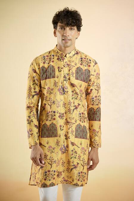 Buy_Arihant Rai Sinha_Yellow Jacquard Floral Bird Pattern Straight Kurta_Online_at_Aza_Fashions