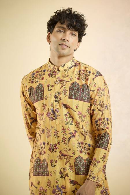 Shop_Arihant Rai Sinha_Yellow Jacquard Floral Bird Pattern Straight Kurta_Online_at_Aza_Fashions