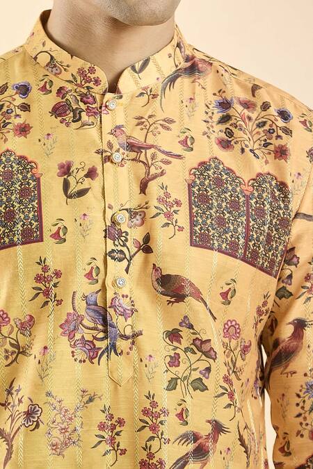 Arihant Rai Sinha_Yellow Jacquard Floral Bird Pattern Straight Kurta_at_Aza_Fashions
