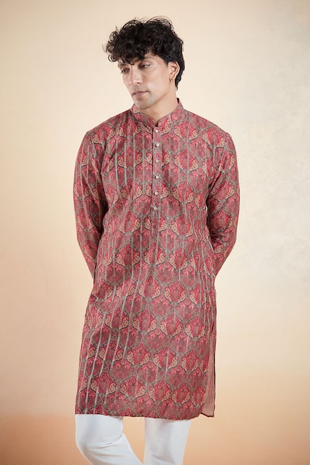 Buy_Arihant Rai Sinha_Maroon Jacquard Paisley Pattern Straight Kurta _Online_at_Aza_Fashions