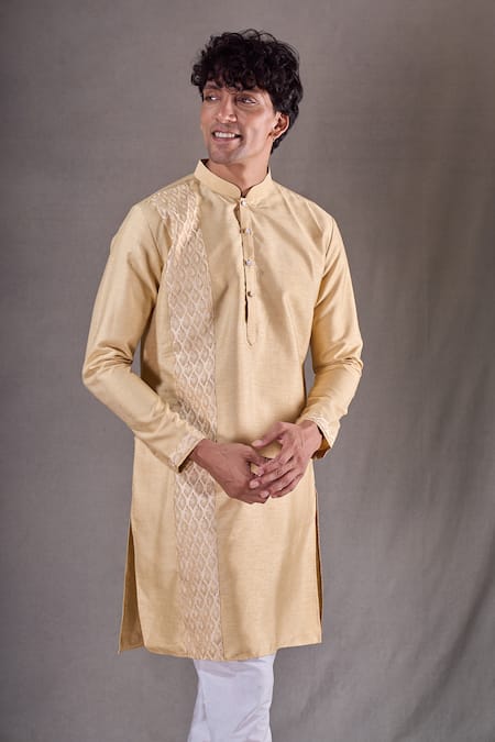 Shop_Arihant Rai Sinha_Gold Silk Woven Panel Short Kurta _Online_at_Aza_Fashions