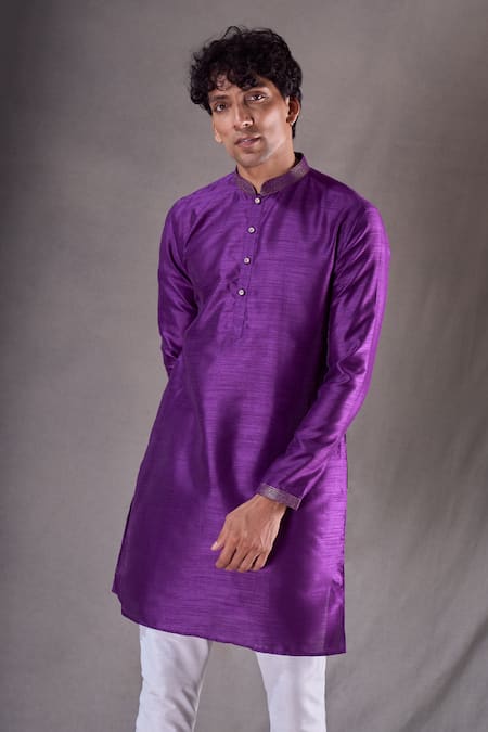 Buy_Arihant Rai Sinha_Purple , Satin Plain Straight Kurta _Online_at_Aza_Fashions