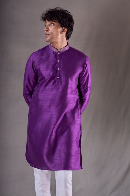 Shop_Arihant Rai Sinha_Purple , Satin Plain Straight Kurta _Online_at_Aza_Fashions