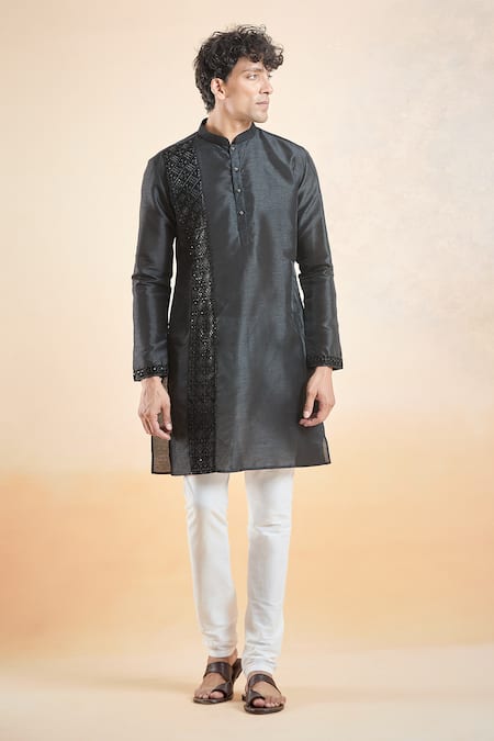 Arihant Rai Sinha_Black Silk Sequins, Embroidery Panel Kurta _Online_at_Aza_Fashions
