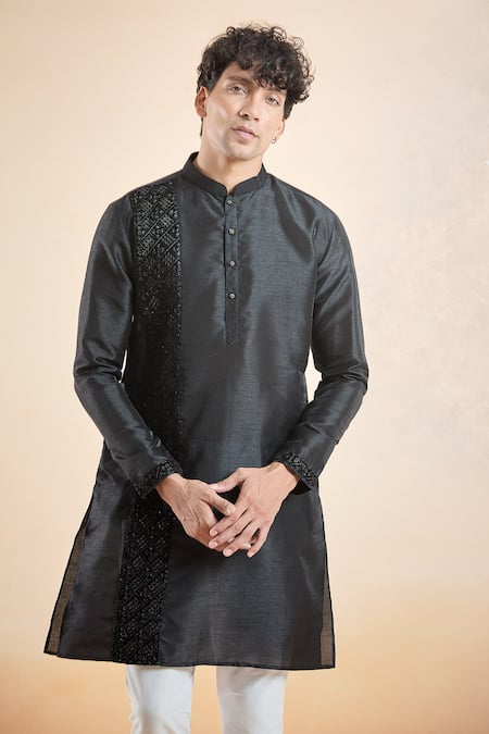 Shop_Arihant Rai Sinha_Black Silk Sequins, Embroidery Panel Kurta _Online_at_Aza_Fashions