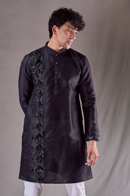 Shop_Arihant Rai Sinha_Black Silk Sequins Straight Panel Embroidered Kurta _Online_at_Aza_Fashions