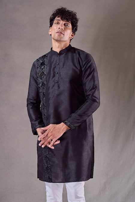 Arihant Rai Sinha_Black Silk Sequins Straight Panel Embroidered Kurta _at_Aza_Fashions