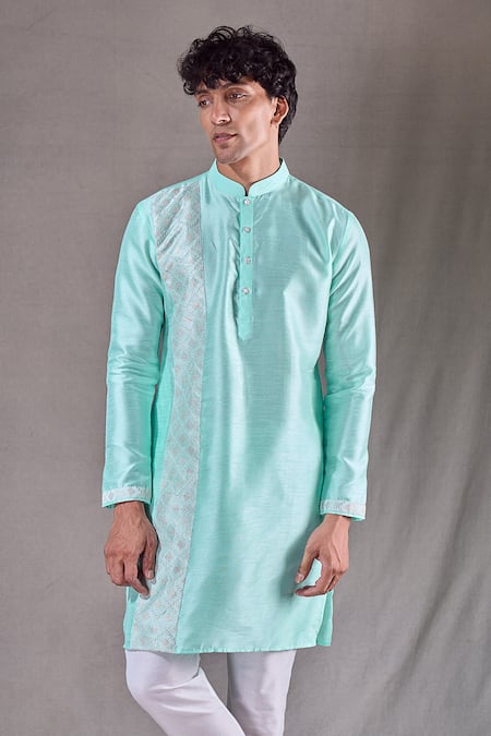 Arihant Rai Sinha_Blue Silk Sequins, Embroidery Panel Straight Kurta _at_Aza_Fashions