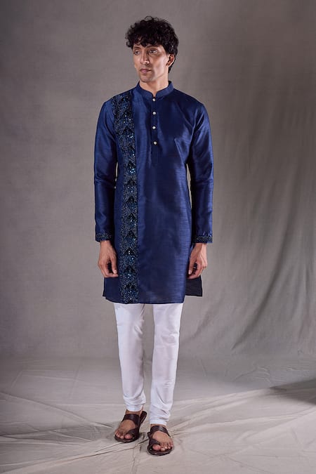 Aryavir Malhotra Blue Silk Blend Embroidered Sequin Panelled Kurta 