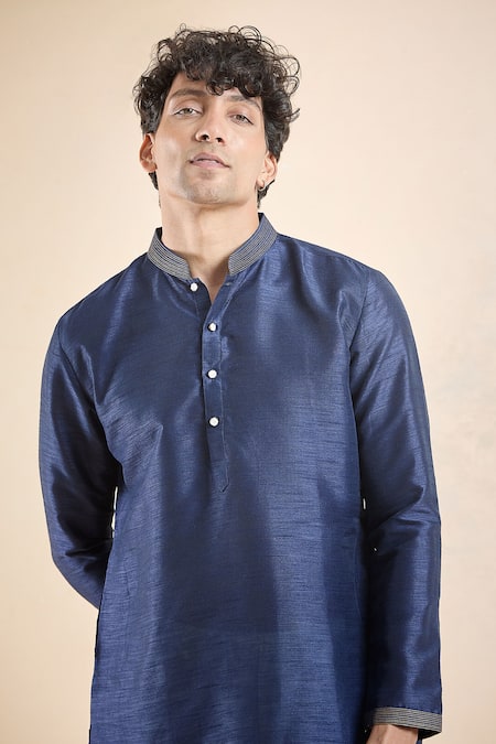 Arihant Rai Sinha_Blue , Satin Embroidery Collar Kurta _Online_at_Aza_Fashions