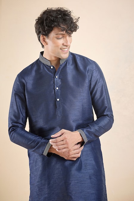 Buy_Arihant Rai Sinha_Blue , Satin Embroidery Collar Kurta _Online_at_Aza_Fashions
