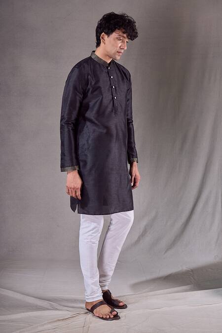 Arihant Rai Sinha_Black , Satin Short Plain Kurta _Online_at_Aza_Fashions