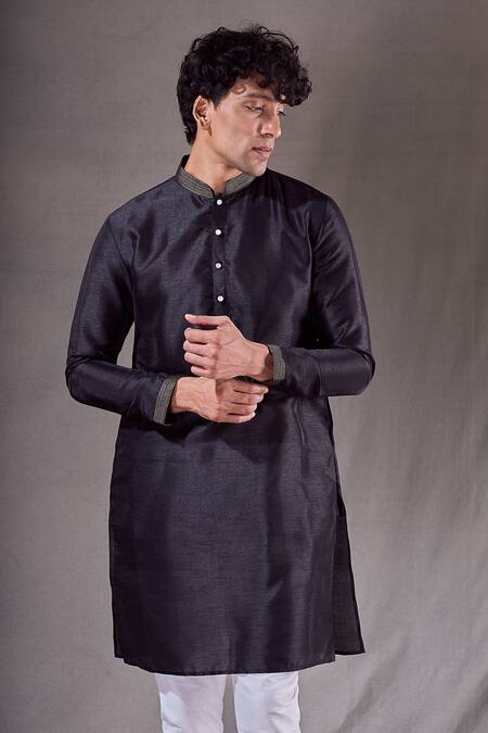 Shop_Arihant Rai Sinha_Black , Satin Short Plain Kurta _Online_at_Aza_Fashions