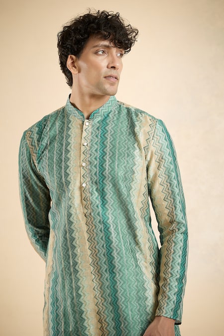 Arihant Rai Sinha Blue Jacquard Chevron Pattern Kurta Online at Aza Fashions Arihant Rai Sinha_Blue Jacquard Chevron Pattern Kurta _Online_at_Aza_Fashions