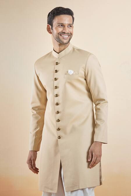 Arihant Rai Sinha Gold Terrycloth, Silk, Cotton Solid Sherwani With Peshawari Pant Online at Aza Fashions Arihant Rai Sinha_Gold Terrycloth, Silk, Cotton Solid Sherwani With Peshawari Pant _Online_at_Aza_Fashions
