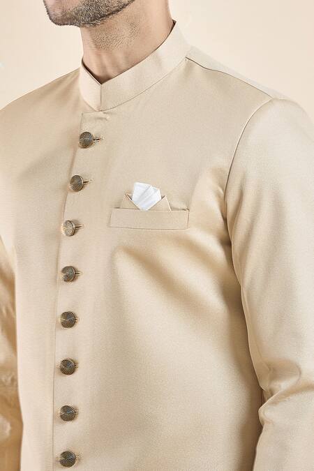 Buy Arihant Rai Sinha Gold Terrycloth, Silk, Cotton Solid Sherwani With Peshawari Pant Online at Aza Fashions Buy_Arihant Rai Sinha_Gold Terrycloth, Silk, Cotton Solid Sherwani With Peshawari Pant _Online_at_Aza_Fashions