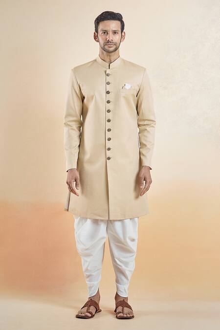 Shop Arihant Rai Sinha Gold Terrycloth, Silk, Cotton Solid Sherwani With Peshawari Pant Online at Aza Fashions Shop_Arihant Rai Sinha_Gold Terrycloth, Silk, Cotton Solid Sherwani With Peshawari Pant _Online_at_Aza_Fashions