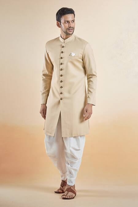 Arihant Rai Sinha Gold Terrycloth, Silk, Cotton Solid Sherwani With Peshawari Pant at Aza Fashions Arihant Rai Sinha_Gold Terrycloth, Silk, Cotton Solid Sherwani With Peshawari Pant _at_Aza_Fashions