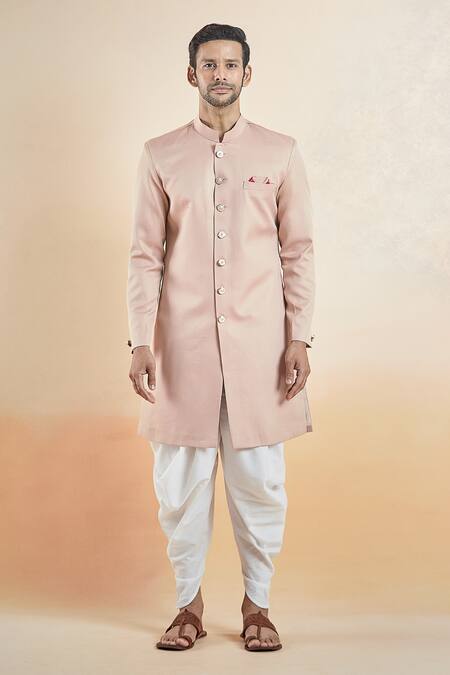 Buy Arihant Rai Sinha Pink Terrycloth, Cotton Plain Sherwani With Peshawari Pant Online at Aza Fashions Buy_Arihant Rai Sinha_Pink Terrycloth, Cotton Plain Sherwani With Peshawari Pant _Online_at_Aza_Fashions