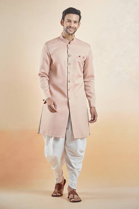 Shop Arihant Rai Sinha Pink Terrycloth, Cotton Plain Sherwani With Peshawari Pant Online at Aza Fashions Shop_Arihant Rai Sinha_Pink Terrycloth, Cotton Plain Sherwani With Peshawari Pant _Online_at_Aza_Fashions