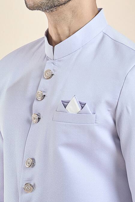 Arihant Rai Sinha_Purple Cotton Solid Band Collar Sherwani With Peshawari Pant _Online_at_Aza_Fashions