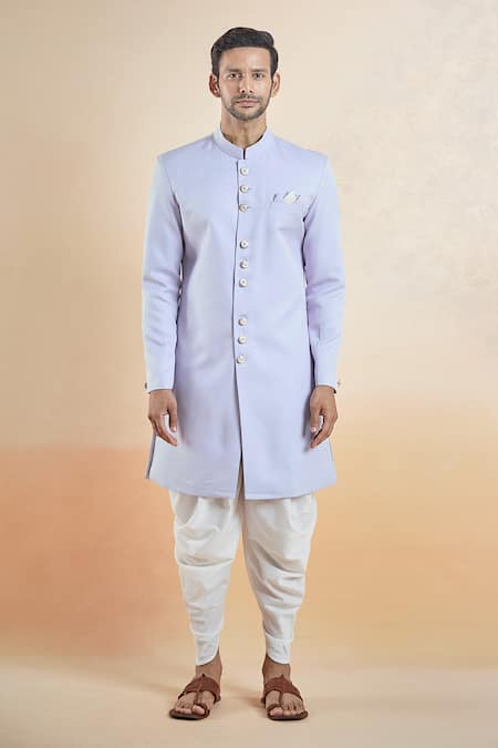Buy_Arihant Rai Sinha_Purple Cotton Solid Band Collar Sherwani With Peshawari Pant _Online_at_Aza_Fashions