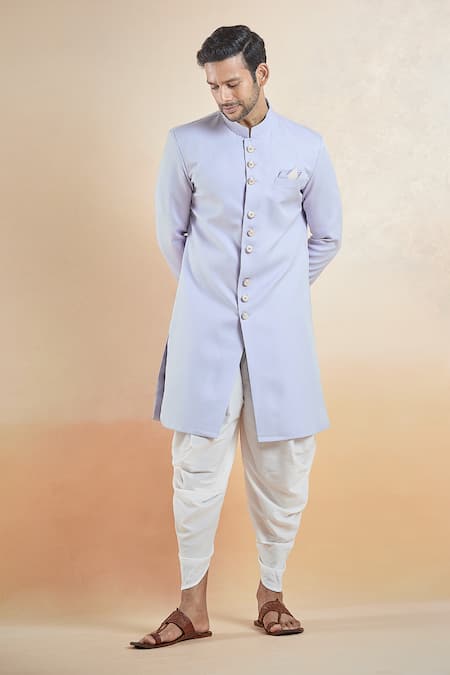 Shop_Arihant Rai Sinha_Purple Cotton Solid Band Collar Sherwani With Peshawari Pant _Online_at_Aza_Fashions