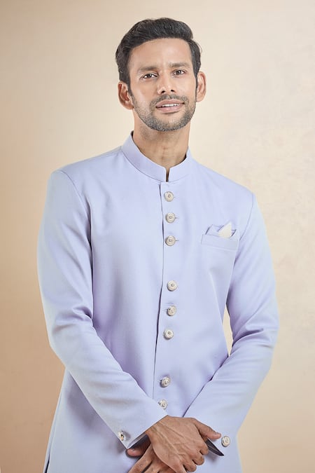 Arihant Rai Sinha_Purple Cotton Solid Band Collar Sherwani With Peshawari Pant _at_Aza_Fashions