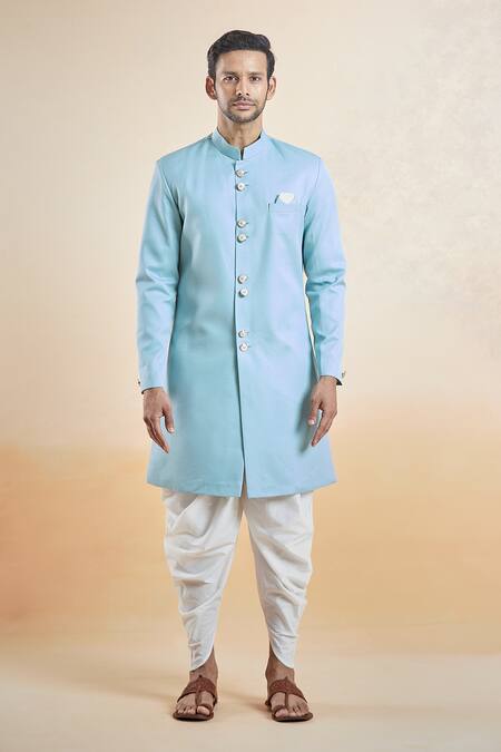 Buy_Arihant Rai Sinha_Blue Terrycloth, Cotton Plain Band Collar Sherwani With Peshawari Pant _Online_at_Aza_Fashions