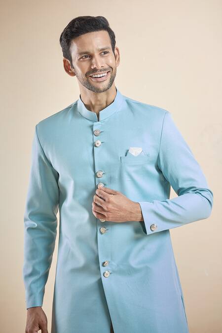 Arihant Rai Sinha_Blue Terrycloth, Cotton Plain Band Collar Sherwani With Peshawari Pant _at_Aza_Fashions