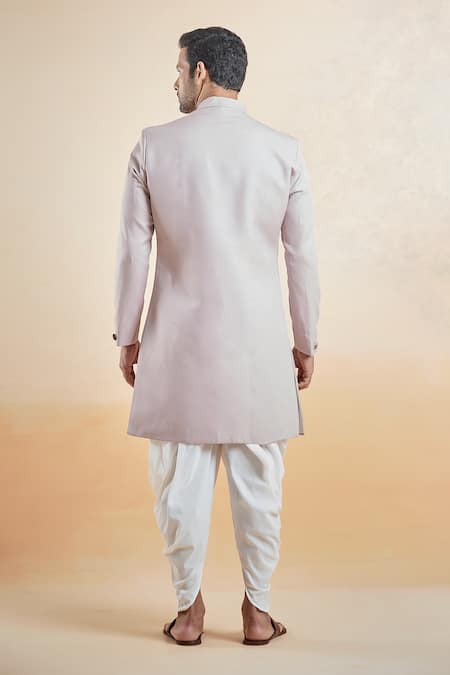 Shop Arihant Rai Sinha Pink Terrycloth, Silk, Cotton Band Collar Sherwani With Peshawari Pant at Aza Fashions Shop_Arihant Rai Sinha_Pink Terrycloth, Silk, Cotton Band Collar Sherwani With Peshawari Pant _at_Aza_Fashions