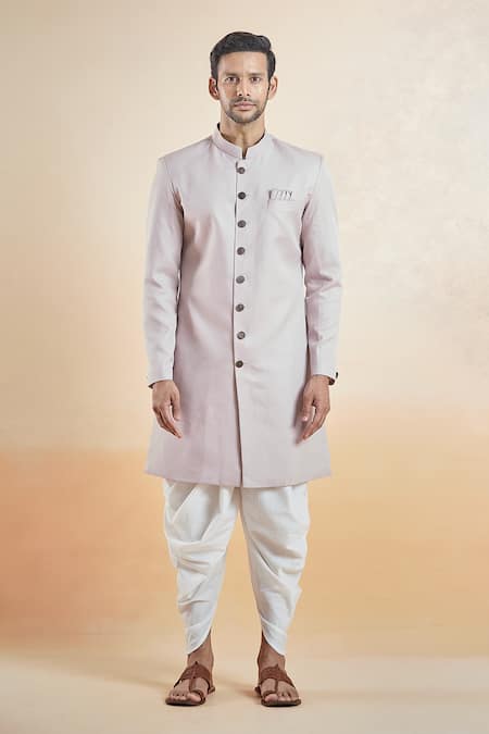 Buy Arihant Rai Sinha Pink Terrycloth, Silk, Cotton Band Collar Sherwani With Peshawari Pant Online at Aza Fashions Buy_Arihant Rai Sinha_Pink Terrycloth, Silk, Cotton Band Collar Sherwani With Peshawari Pant _Online_at_Aza_Fashions