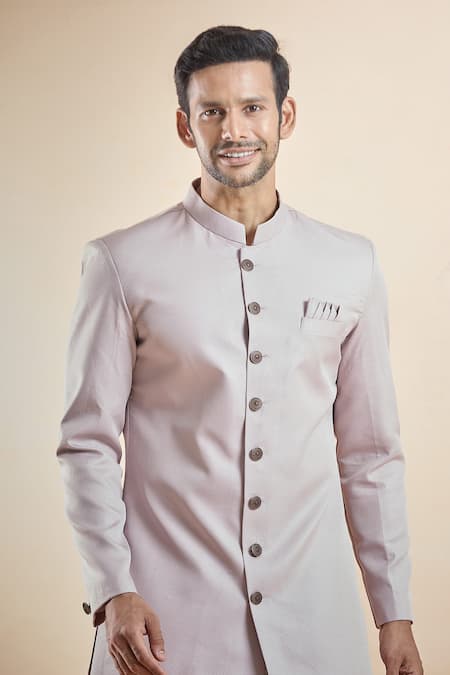 Shop Arihant Rai Sinha Pink Terrycloth, Silk, Cotton Band Collar Sherwani With Peshawari Pant Online at Aza Fashions Shop_Arihant Rai Sinha_Pink Terrycloth, Silk, Cotton Band Collar Sherwani With Peshawari Pant _Online_at_Aza_Fashions