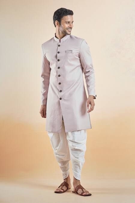 Buy Arihant Rai Sinha Pink Terrycloth, Silk, Cotton Band Collar Sherwani With Peshawari Pant Buy_Arihant Rai Sinha_Pink Terrycloth, Silk, Cotton Band Collar Sherwani With Peshawari Pant