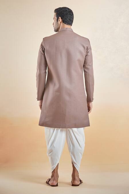 Shop_Arihant Rai Sinha_Brown Terrycloth Stand Collar Sherwani With Peshawari Pant _at_Aza_Fashions