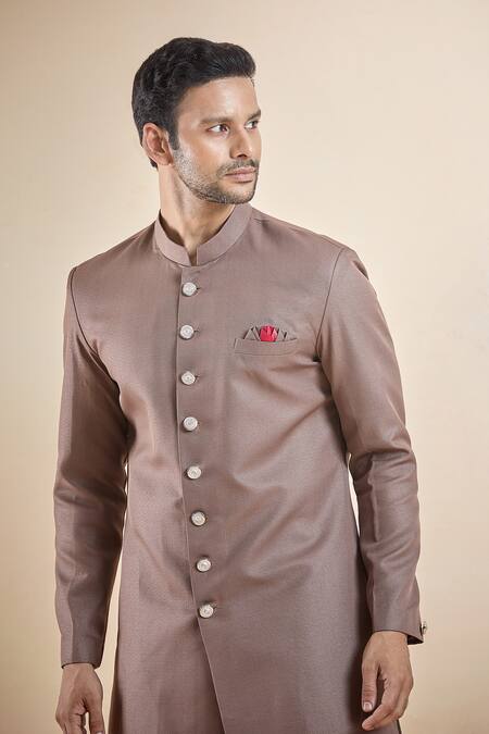 Arihant Rai Sinha_Brown Terrycloth Stand Collar Sherwani With Peshawari Pant _Online_at_Aza_Fashions