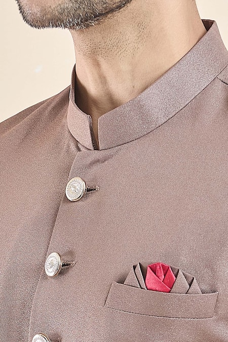 Buy_Arihant Rai Sinha_Brown Terrycloth Stand Collar Sherwani With Peshawari Pant _Online_at_Aza_Fashions