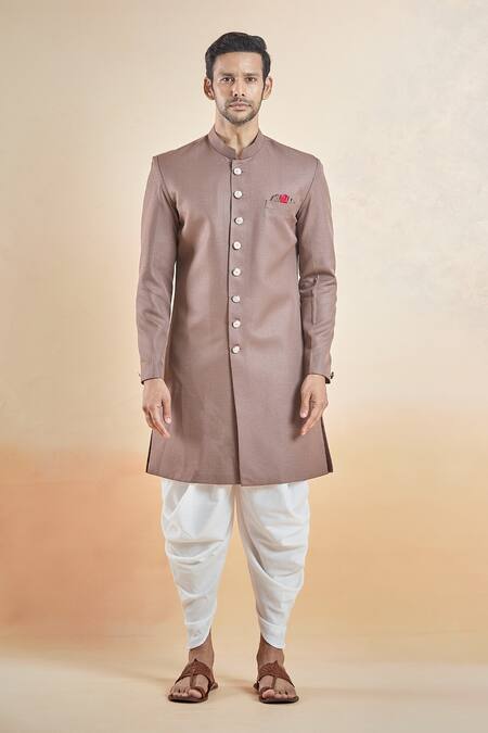 Shop_Arihant Rai Sinha_Brown Terrycloth Stand Collar Sherwani With Peshawari Pant _Online_at_Aza_Fashions