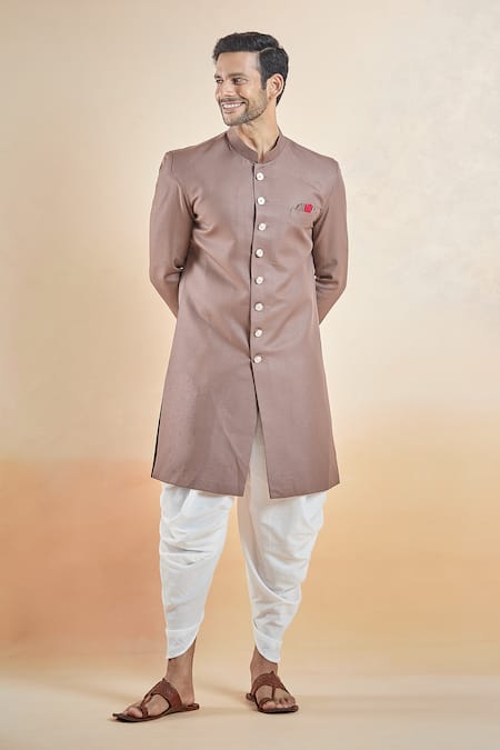 Arihant Rai Sinha_Brown Terrycloth Stand Collar Sherwani With Peshawari Pant _at_Aza_Fashions