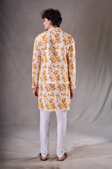 Shop_Arihant Rai Sinha_Yellow Cotton, Silk Tie Dye Bundi Kurta Set _at_Aza_Fashions