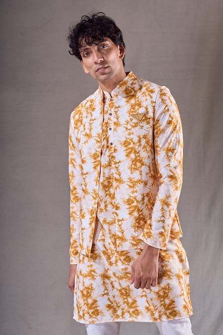 Buy_Arihant Rai Sinha_Yellow Cotton, Silk Tie Dye Bundi Kurta Set _Online_at_Aza_Fashions
