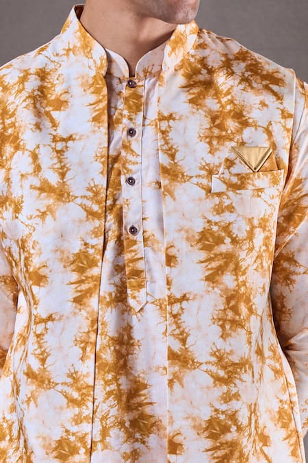 Shop_Arihant Rai Sinha_Yellow Cotton, Silk Tie Dye Bundi Kurta Set _Online_at_Aza_Fashions