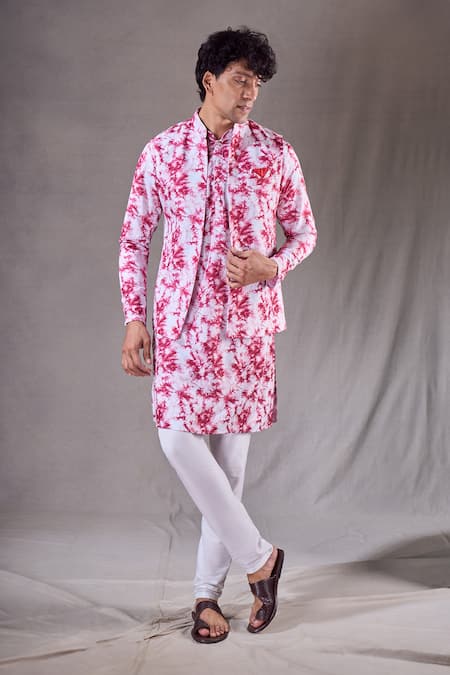 Aryavir Malhotra Tie Dye Swirl Print Bundi Kurta Set 