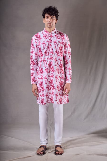 Shop_Arihant Rai Sinha_Red Cotton, Silk Tie Dye Swirl Print Bundi Kurta Set _at_Aza_Fashions