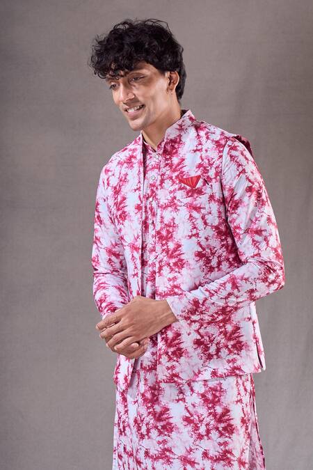 Arihant Rai Sinha_Red Cotton, Silk Tie Dye Swirl Print Bundi Kurta Set _Online_at_Aza_Fashions