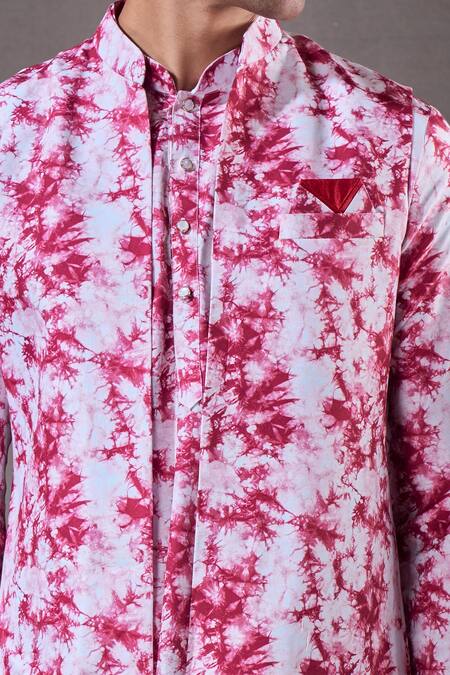 Buy_Arihant Rai Sinha_Red Cotton, Silk Tie Dye Swirl Print Bundi Kurta Set _Online_at_Aza_Fashions